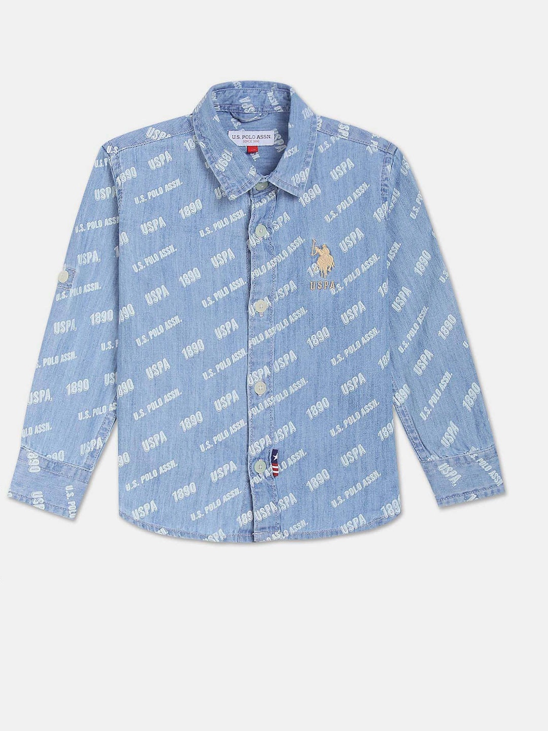 

U.S. Polo Assn. Kids Boys Spread Collar Opaque Denim Printed Casual Shirt, Blue