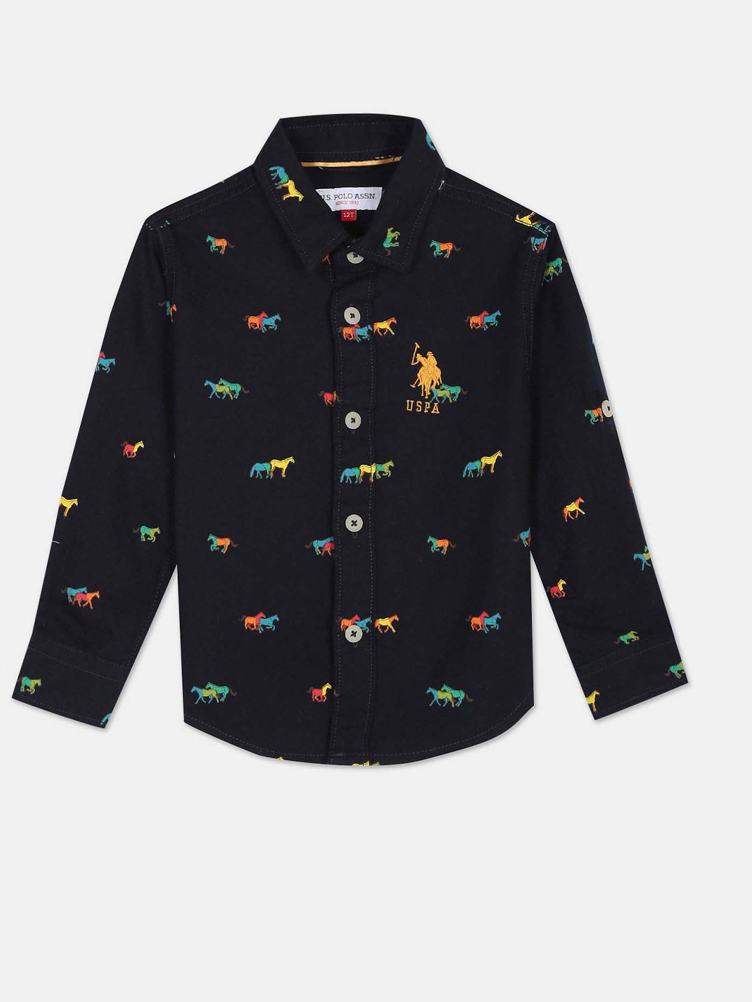 

U.S. Polo Assn. Kids Boys Spread Collar Twill Opaque Printed Casual Shirt, Blue