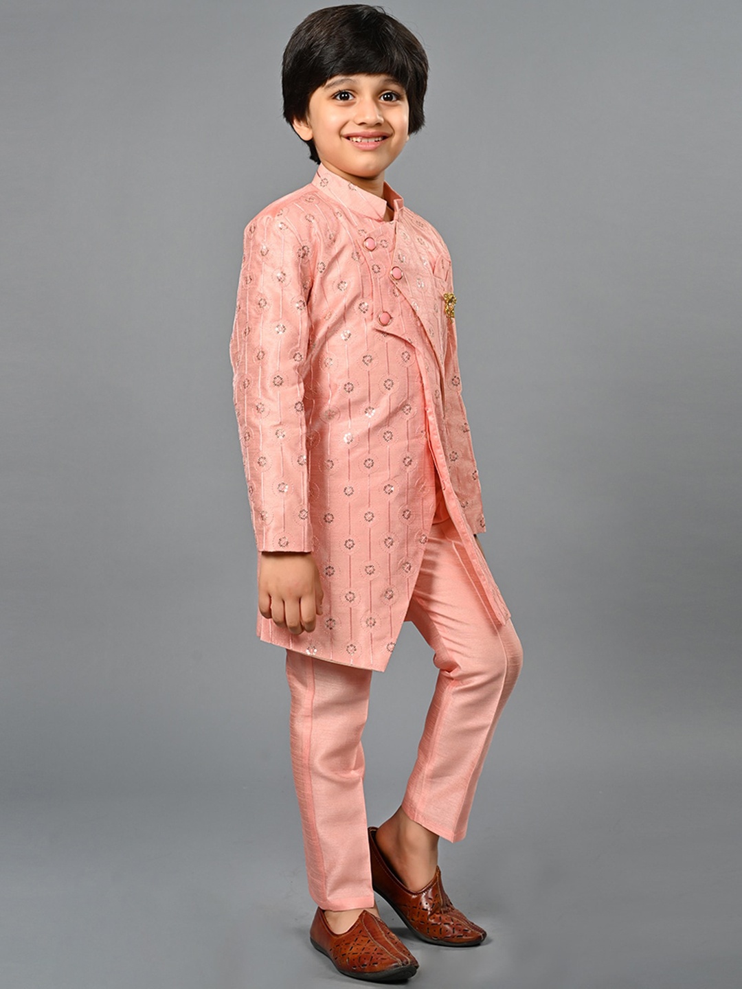 

ahhaaaa Boys Embroidered Indo-Western Sherwani Set, Pink