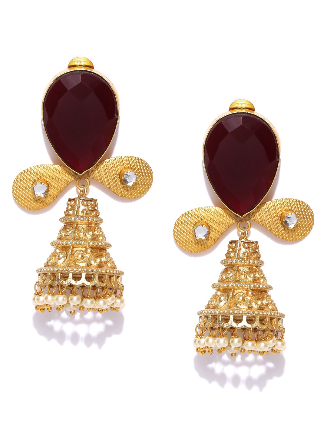 

YouBella Maroon Gold-Plated Stone-Studded Teardrop Shaped Jhumkas