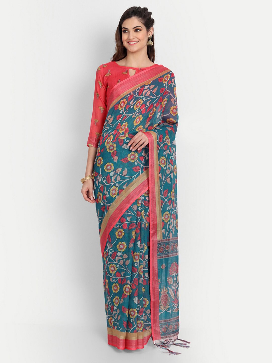 

BAPS Floral Printed Pure Linen Saree, Teal