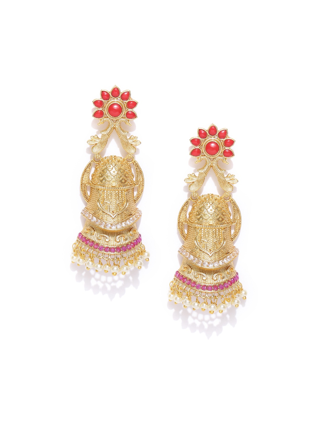 

YouBella Red Gold-Plated Floral Drop Earrings