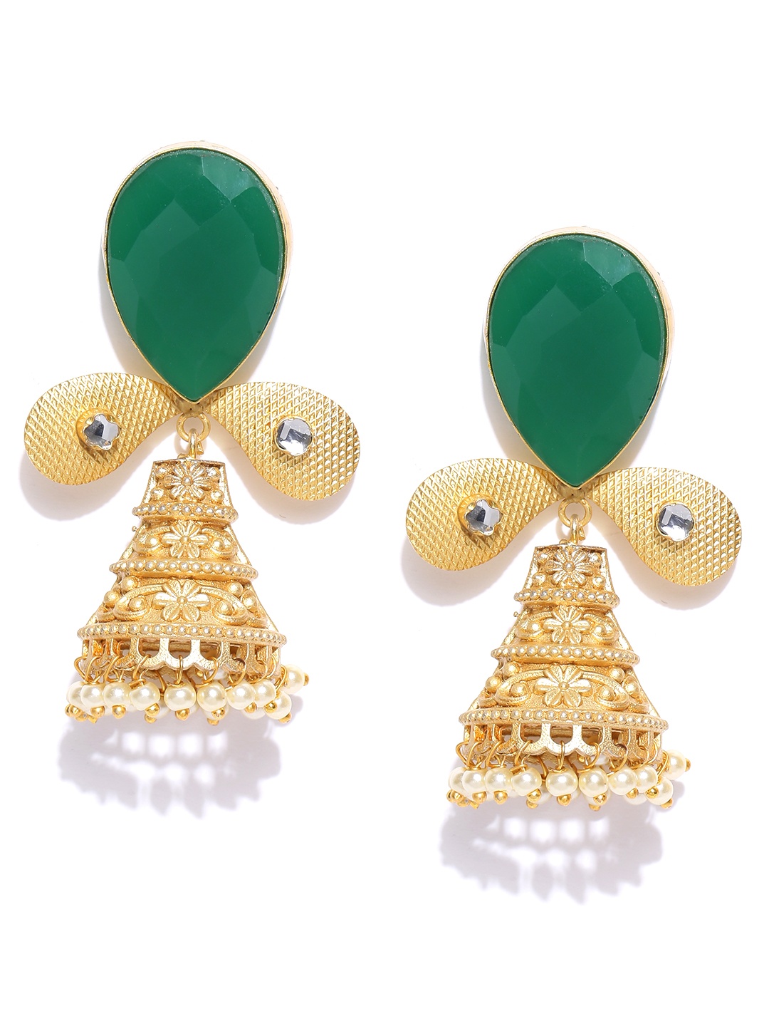 

YouBella Green Gold-Plated Teardrop Shaped Jhumkas
