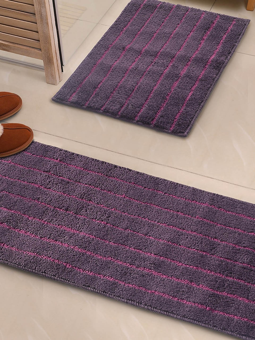 

Saral Home CHAMPS 2-Pcs Purple Striped Rectangular Anti-Skid Runner & Bathmat