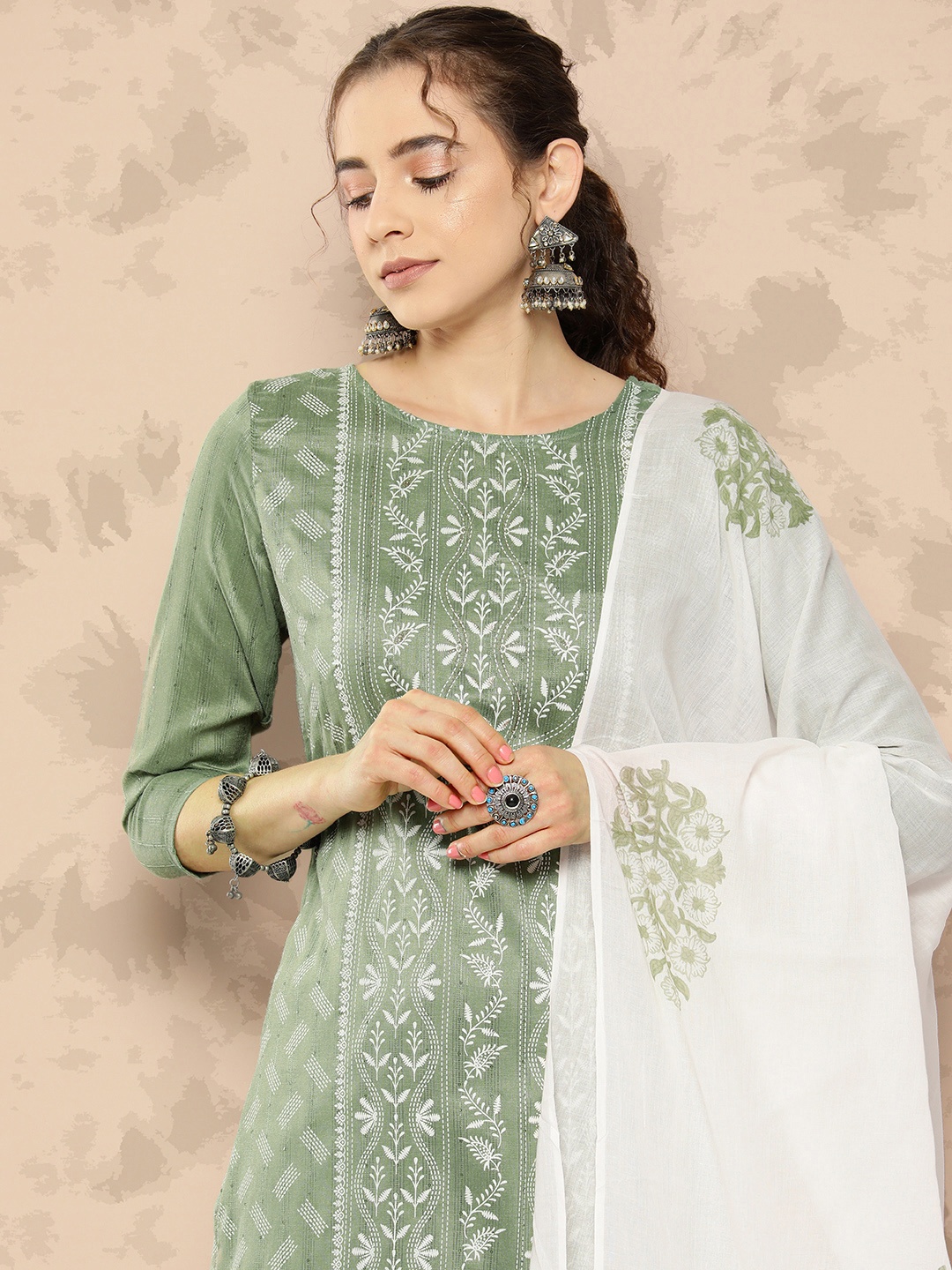 

Yufta Ethnic Motifs Printed Panelled Kurta With Trousers & Dupatta, Green