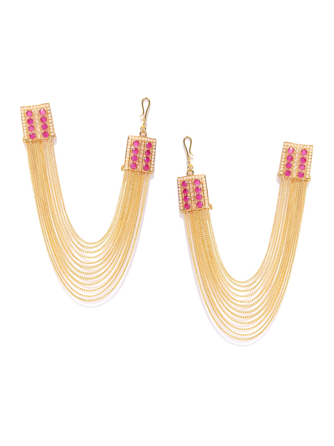 

YouBella Gold-Toned & Pink Geometric Studs with Ear Chains