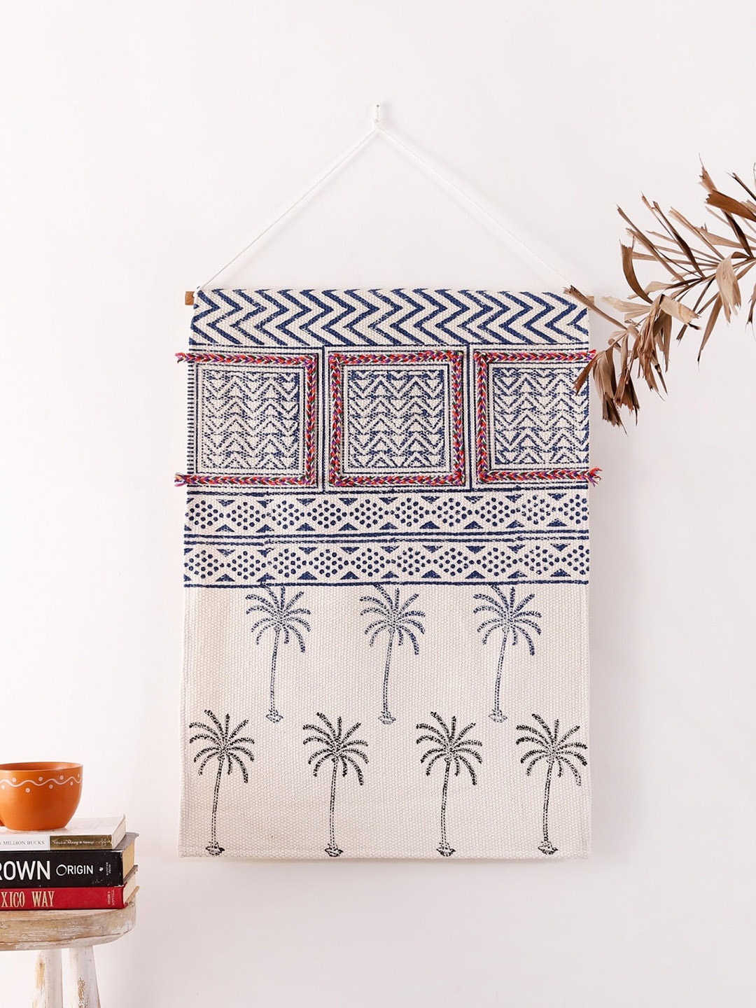 

HANDICRAFT PALACE White & Blue Bohemian Hand Block Palm Tree Printed Tapestry Wall Hanging