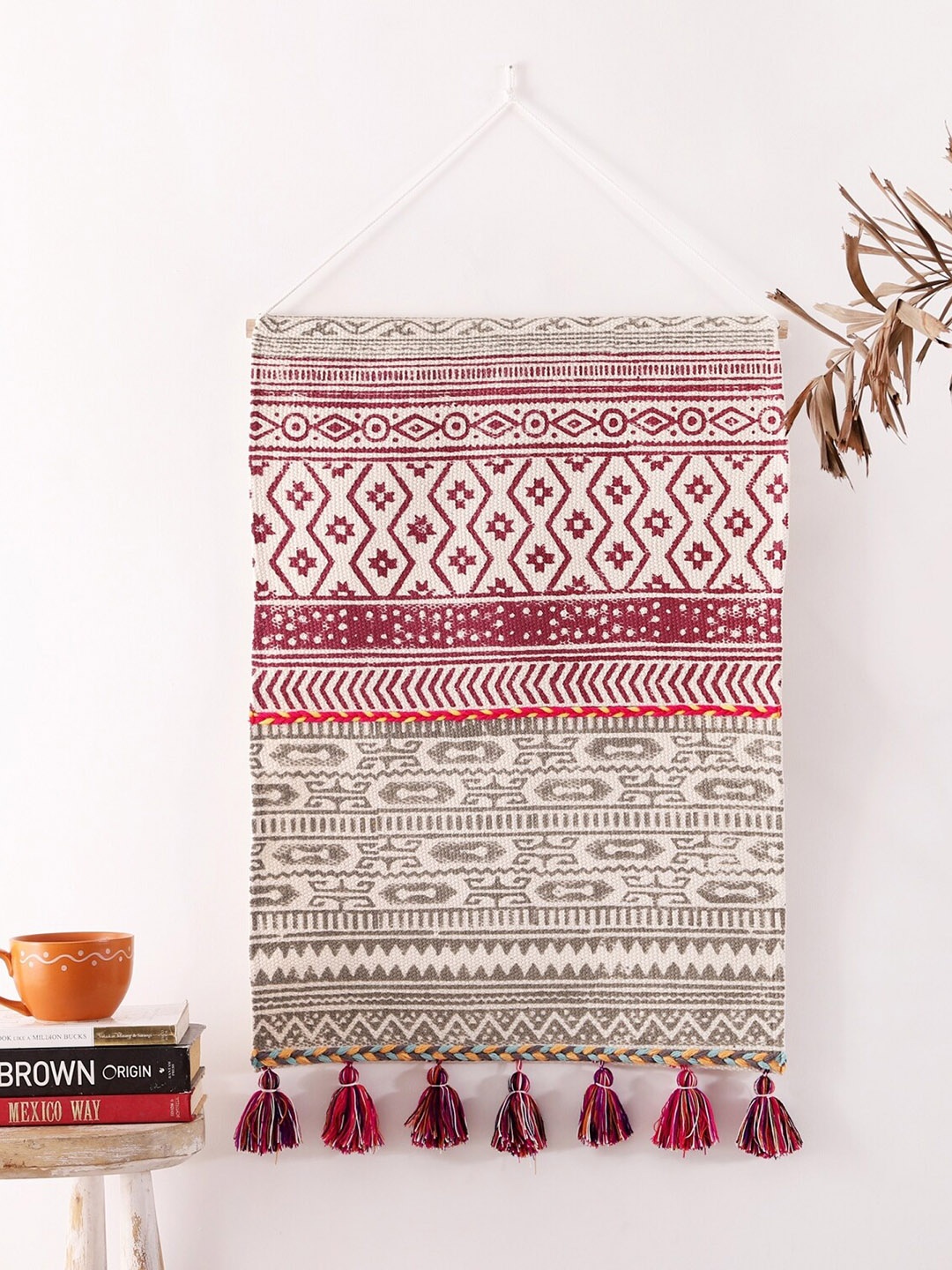 

HANDICRAFT PALACE White & Maroon Bohemian Hand Block Printed Macrame Hanging Wall Decor