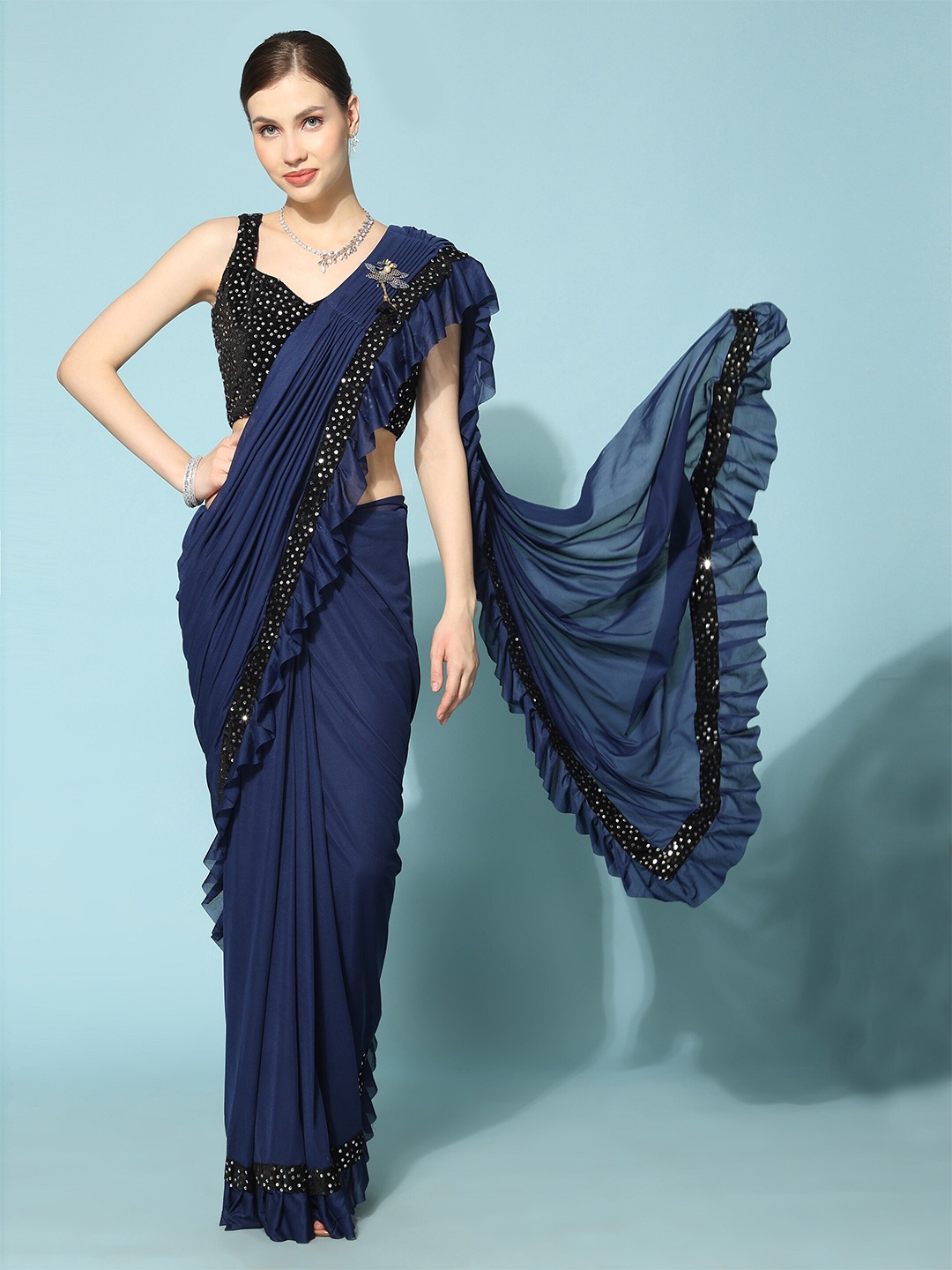 

TEREZA Sequinned Embelished Ruffled Saree, Blue