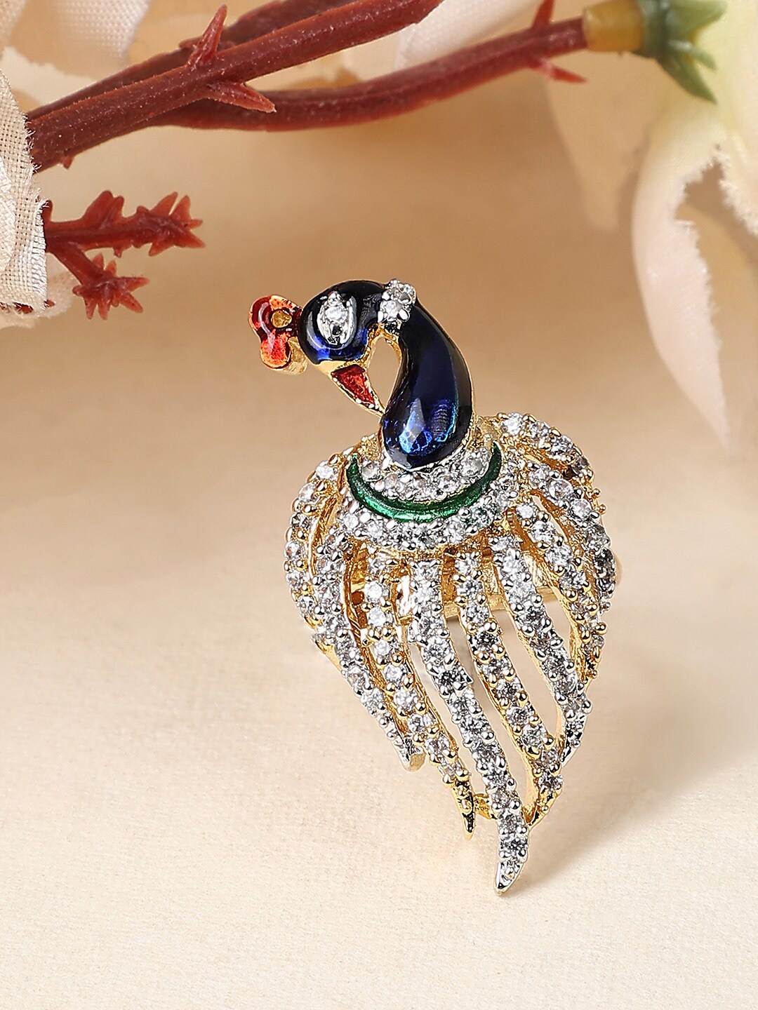 

Bhana Fashion Gold-Plated AD-Studded Peacock Shape Cocktail Finger Ring