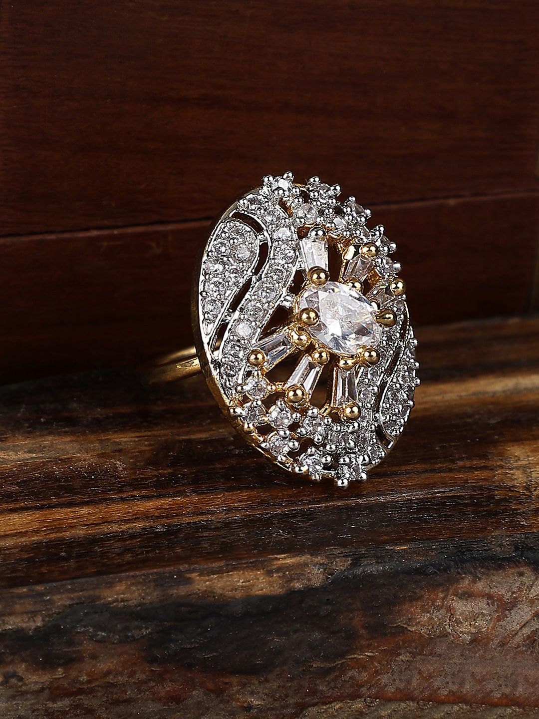 

Bhana Fashion Gold-Plated CZ-Studded Cocktail Finger Ring