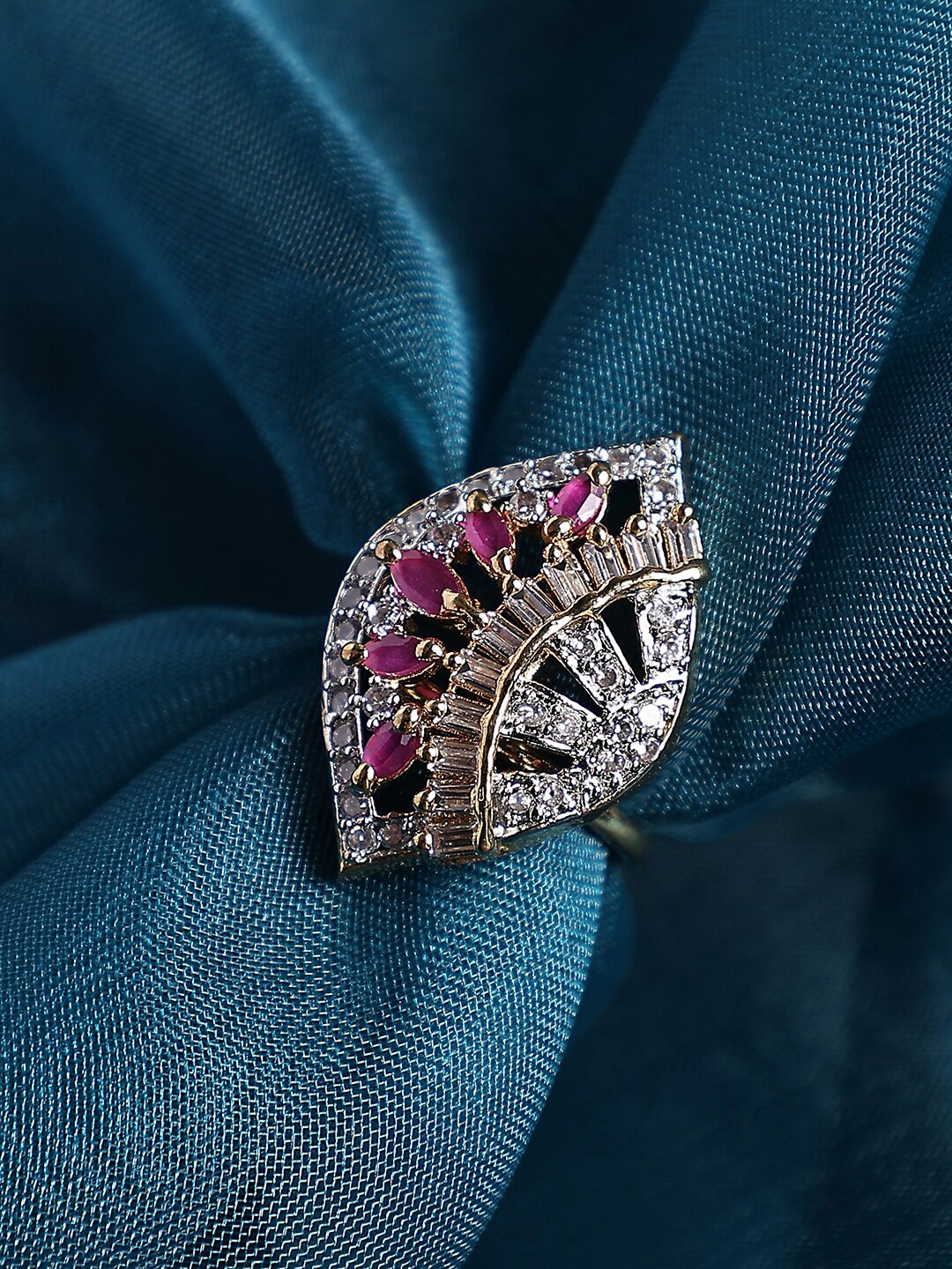 

Bhana Fashion Gold-Plated AD-Studded Adjustable Finger Ring, Magenta