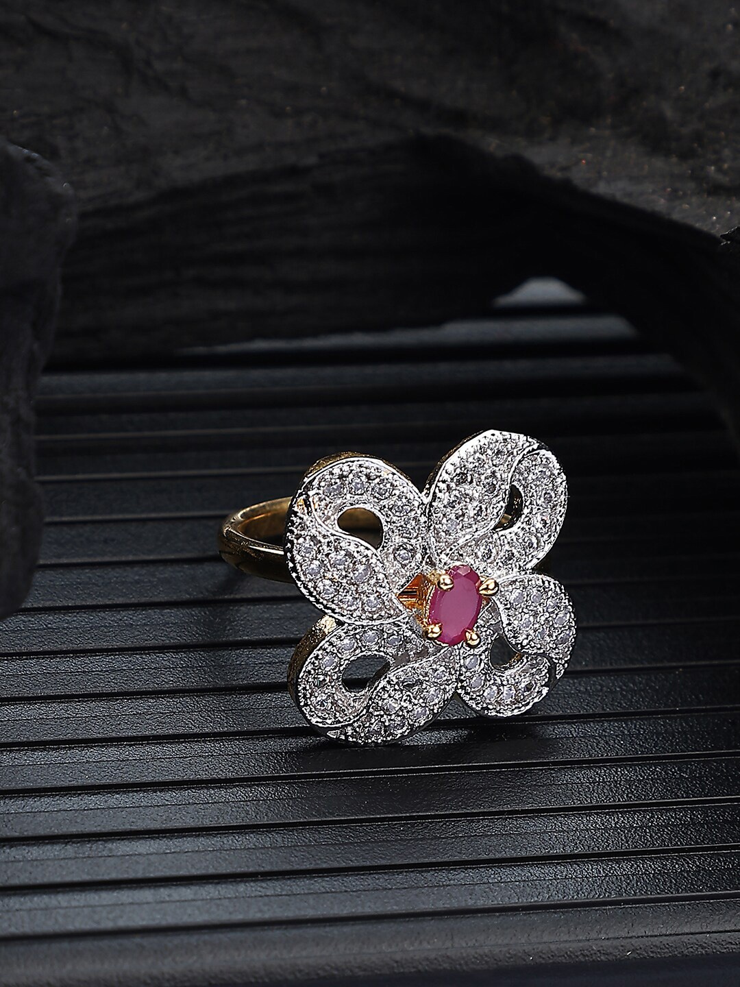 

Bhana Fashion Gold-Plated AD Stone-Studded Adjustable Cocktail Finger Ring