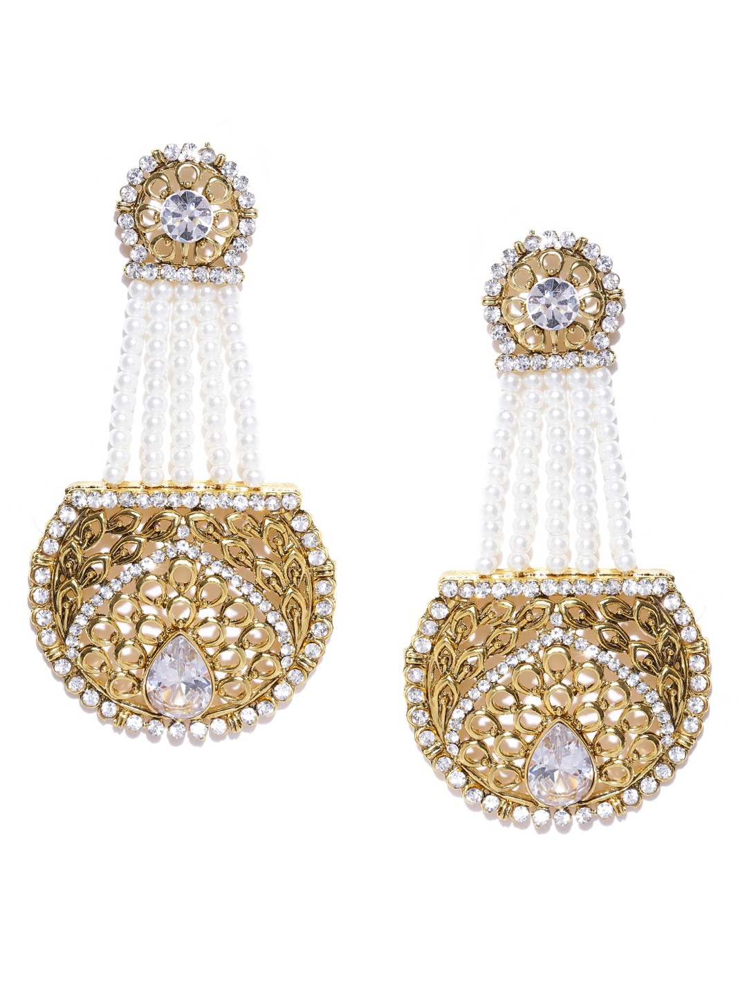 

YouBella White Gold-Plated Stone-Studded Beaded Drop Earrings