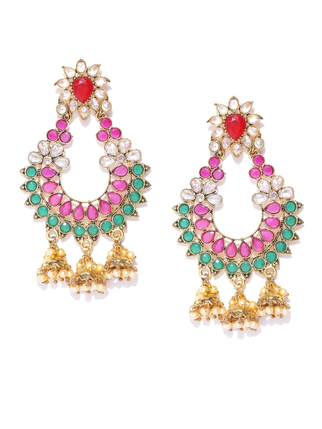 

YouBella Pink & Green Gold-Plated Stone-Studded Beaded Chandbalis