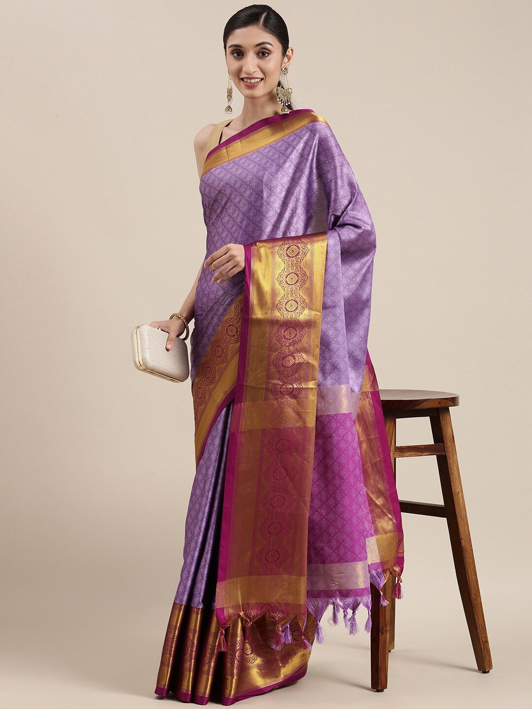 

KALINI Ethnic Motif Woven Design Zari Cotton Silk Mysore Silk Saree, Purple