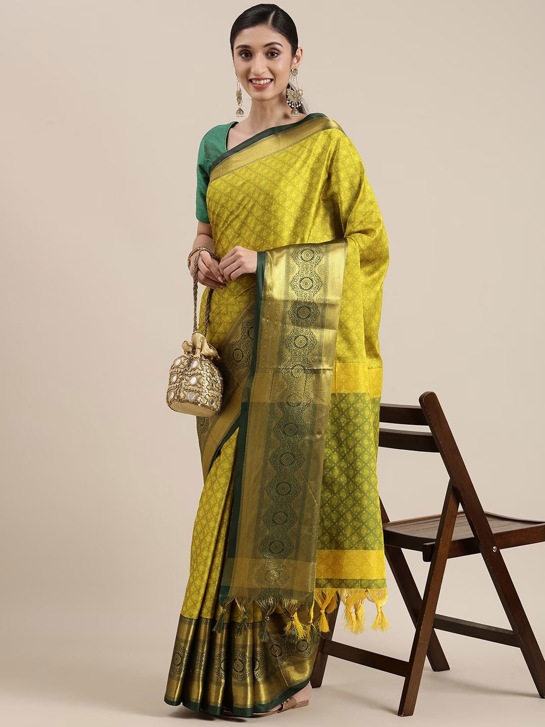 

KALINI Ethnic Motifs Woven Design Zari Silk Cotton Mysore Silk Saree, Lime green