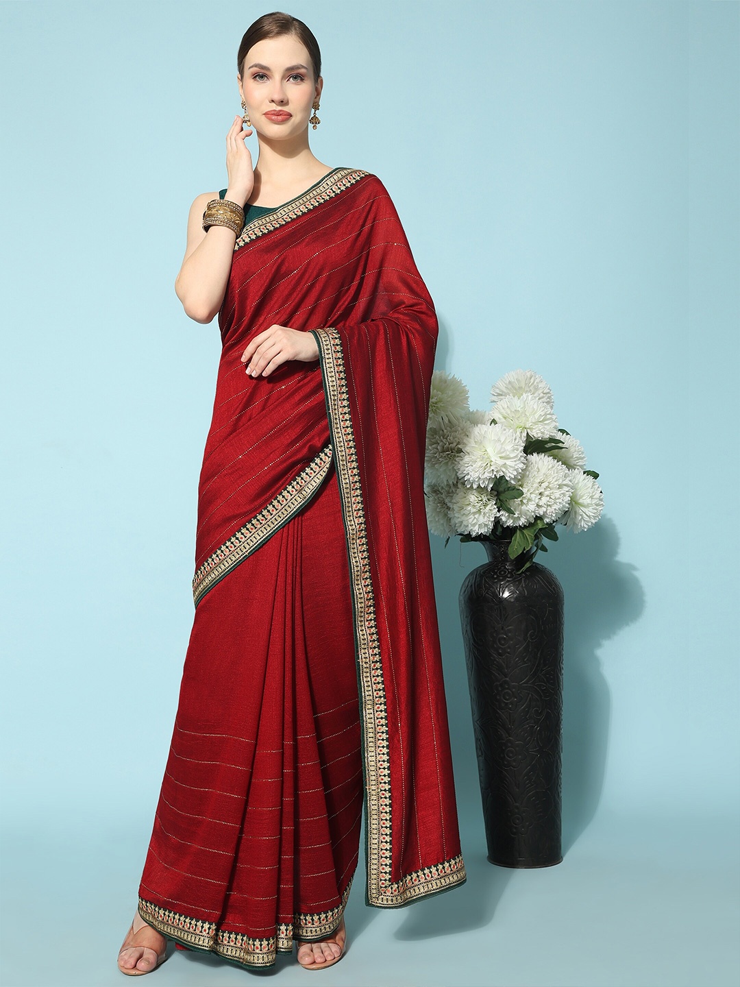 

TEREZA Embellished Stones Work Pure Silk Saree, Red