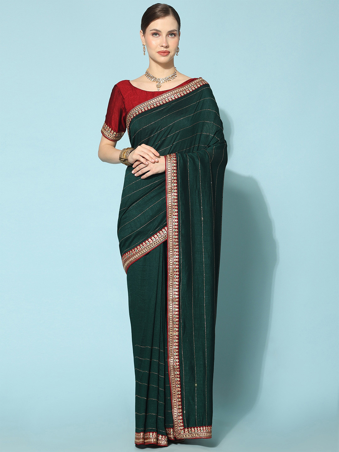 

TEREZA Striped Embroidered Pure Silk Saree, Green