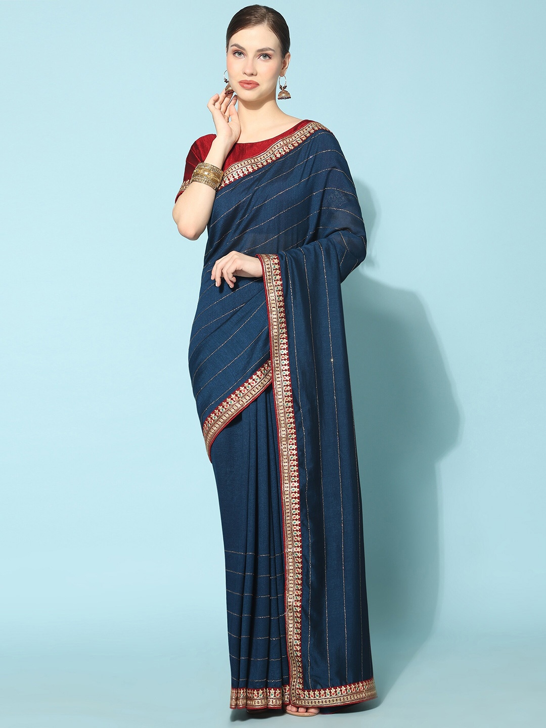 

TEREZA Embellished Beads and Stones Pure Silk Saree, Teal