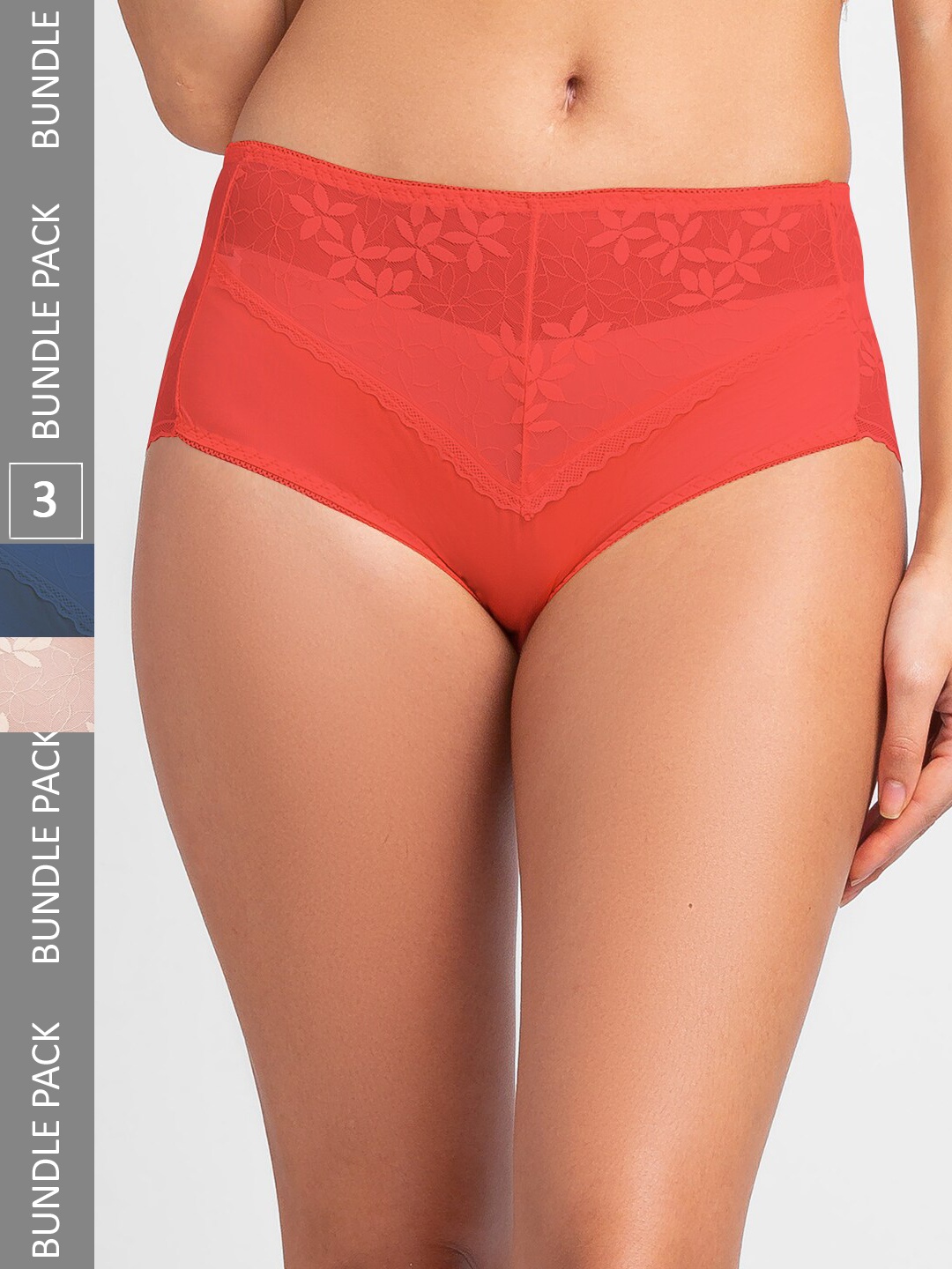 

NOIRA Women Pack Of 3 Assorted Self Design Lace Hipster Briefs