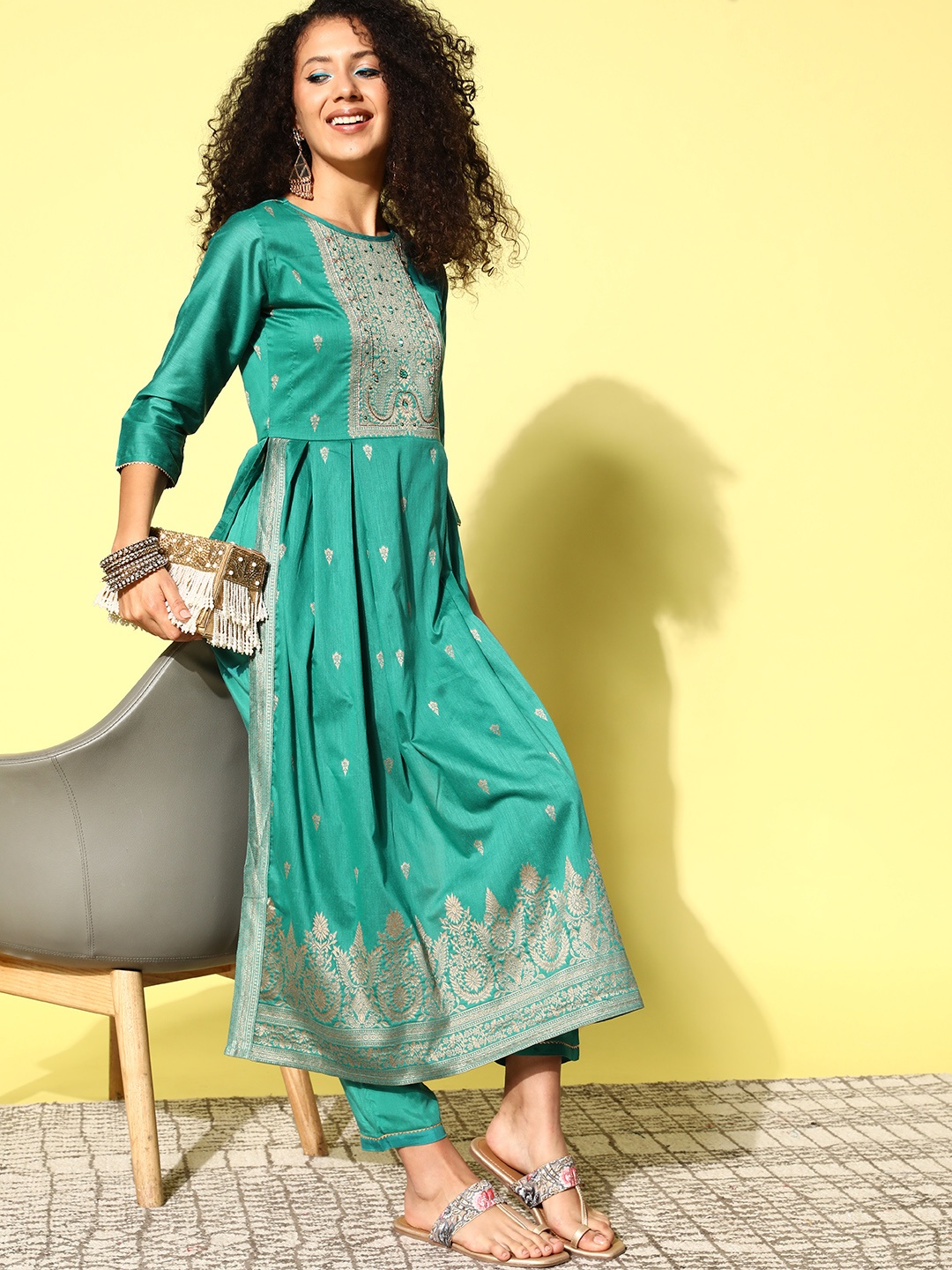

Sangria Pleated Chanderi Silk Kurta with Trousers, Sea green
