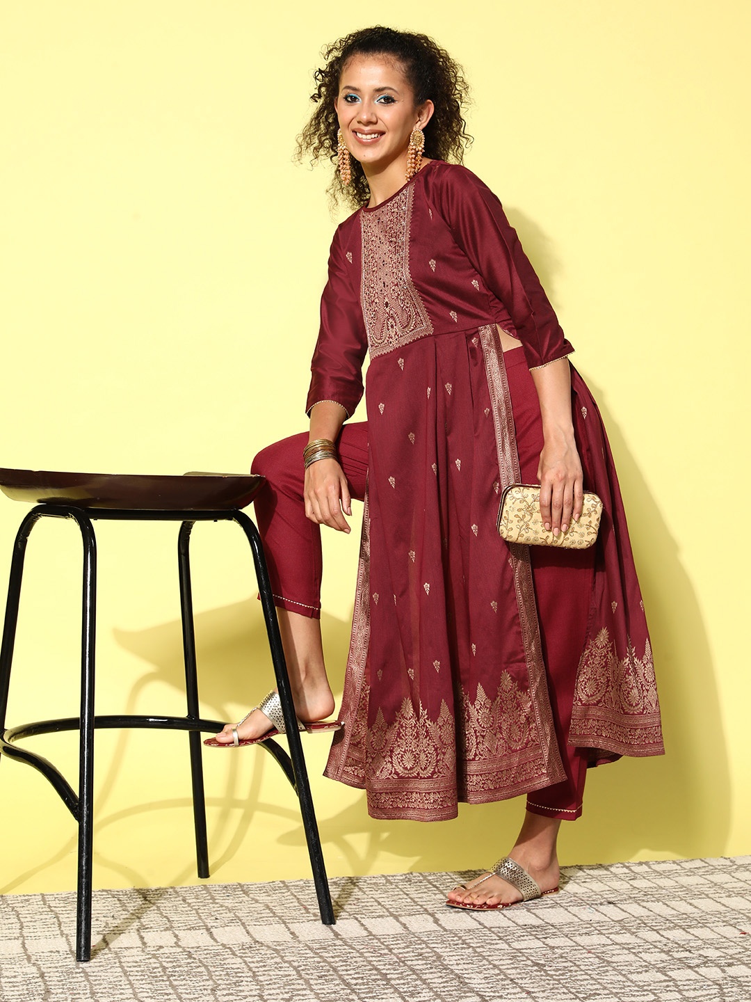 

Sangria Pleated Chanderi Silk Kurta with Trousers, Maroon