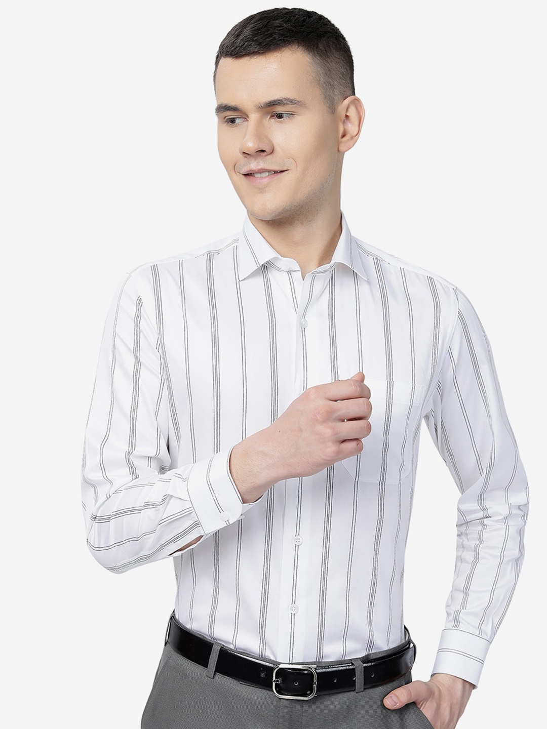 

METAL Slim Fit Vertical Stripes Striped Pure Cotton Formal Shirt, White