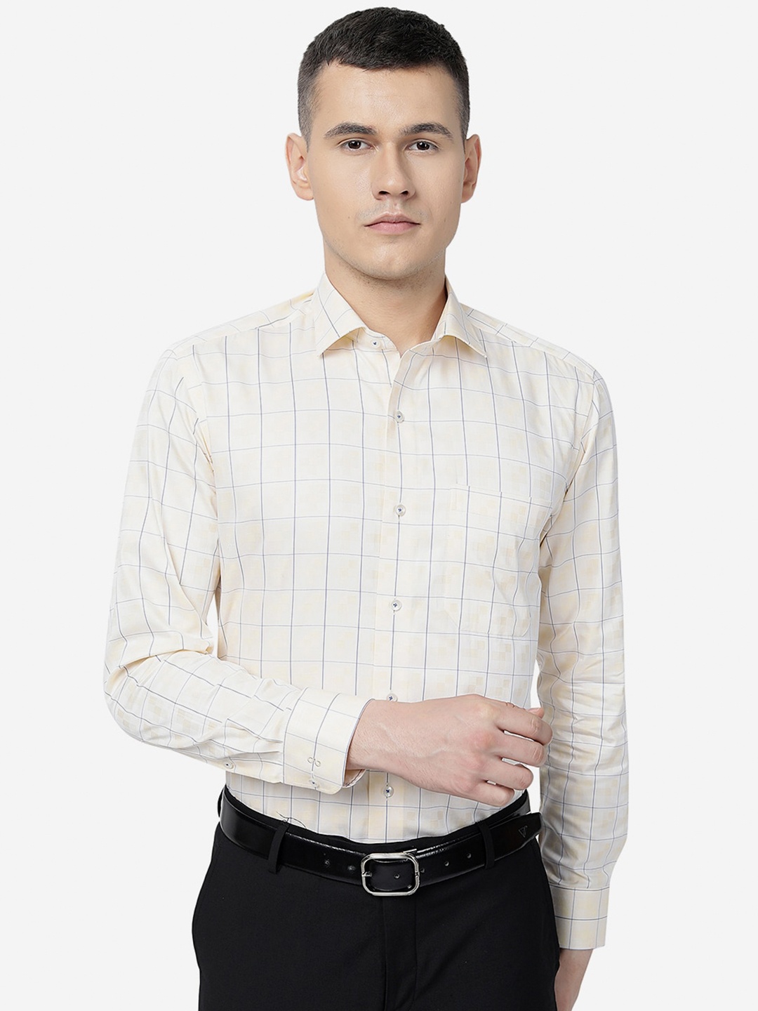 

METAL Slim Fit Windowpane Checks Checked Pure Cotton Formal Shirt, Yellow