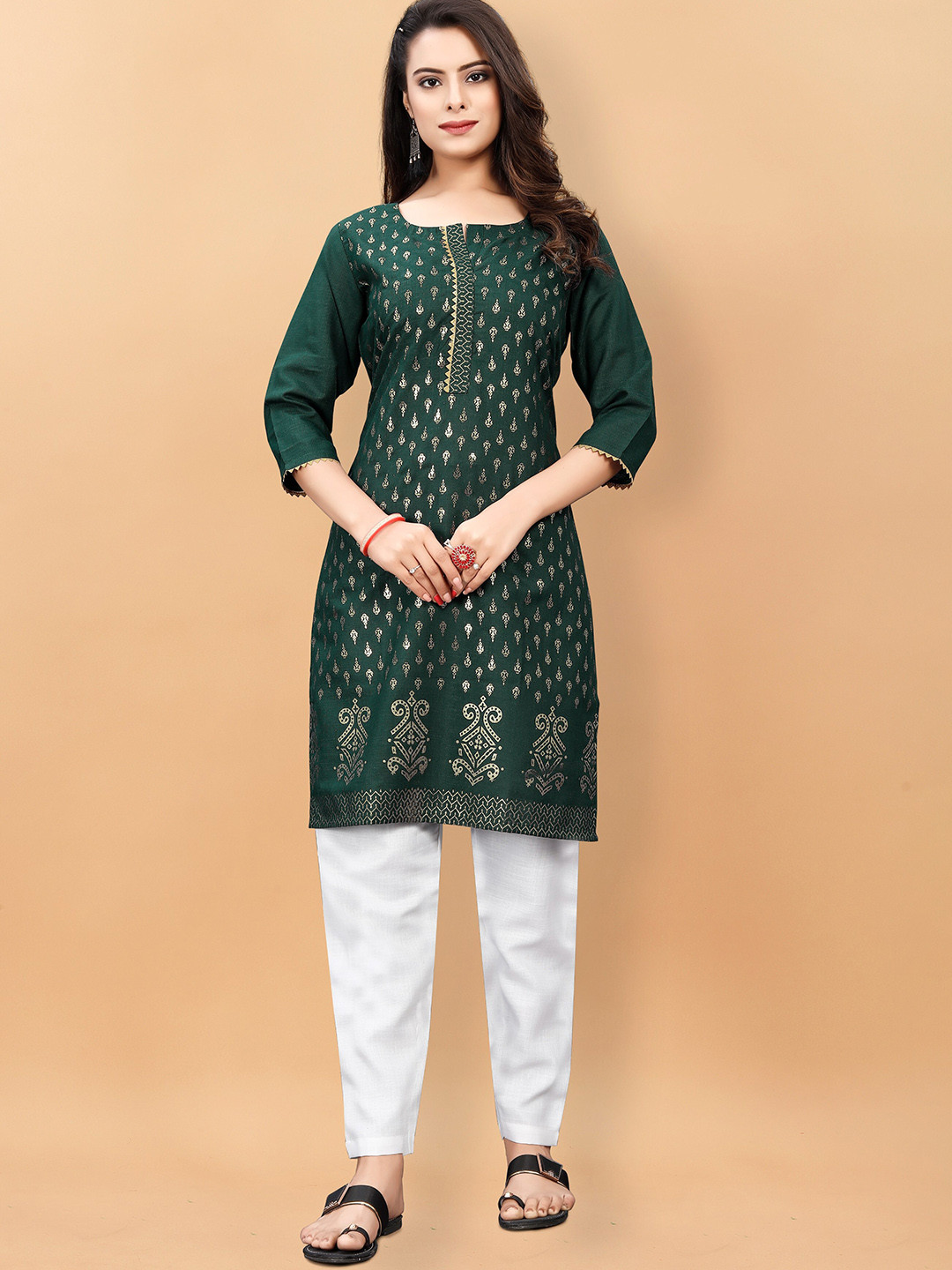 

KALINI Ethnic Motifs Printed Gotta Patti Pure Cotton Kurta with Trousers, Green