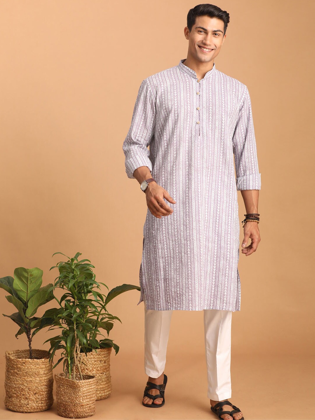 

VASTRAMAY Ethnic Motifs Printed Batik Pure Cotton Sustainable Kurta with Pyjamas, Lavender