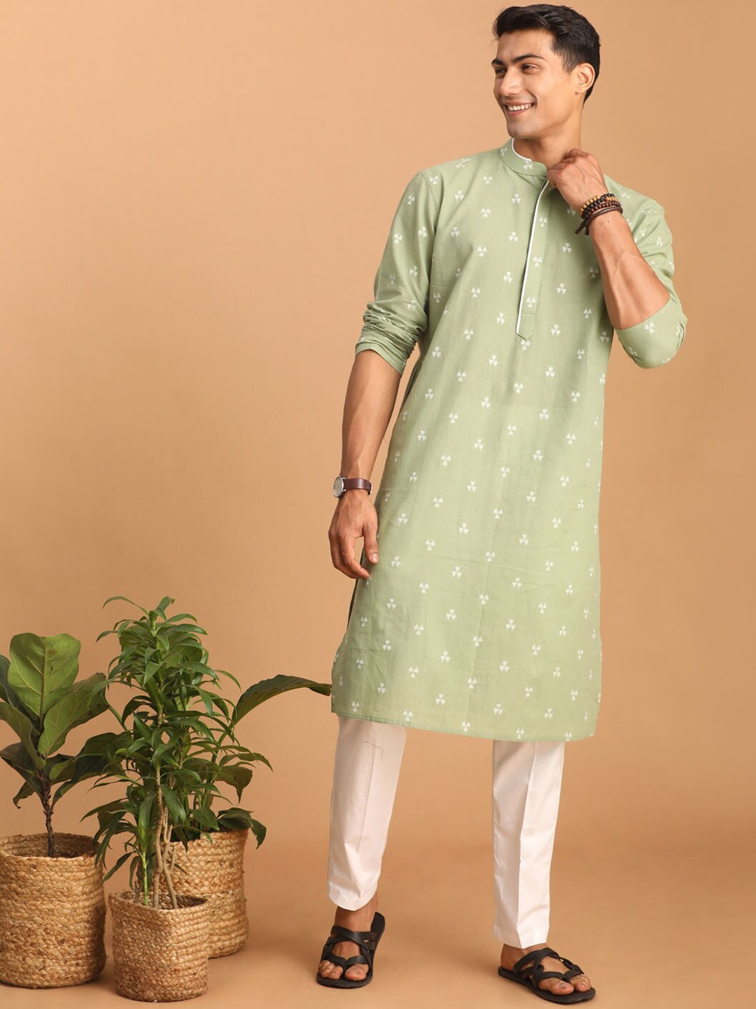 

VASTRAMAY Geometric Woven Design Pure Cotton Sustainable Kurta with Pyjamas, Green