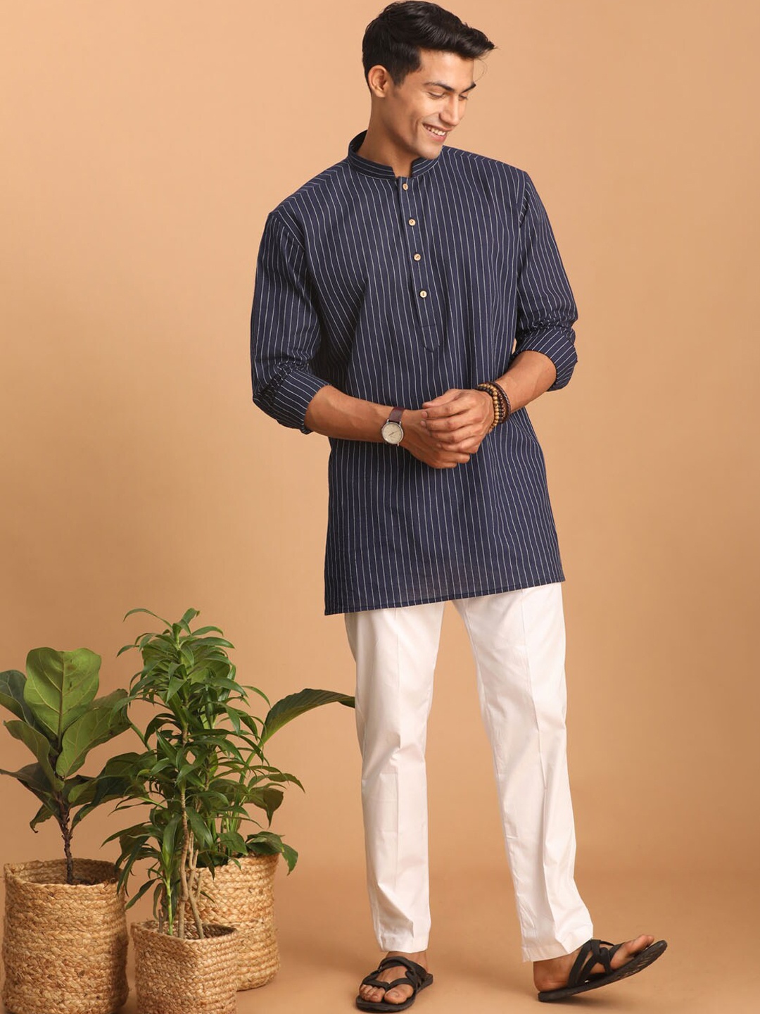 

VASTRAMAY Striped Pure Cotton Sustainable Kurta with Pyjamas, Navy blue