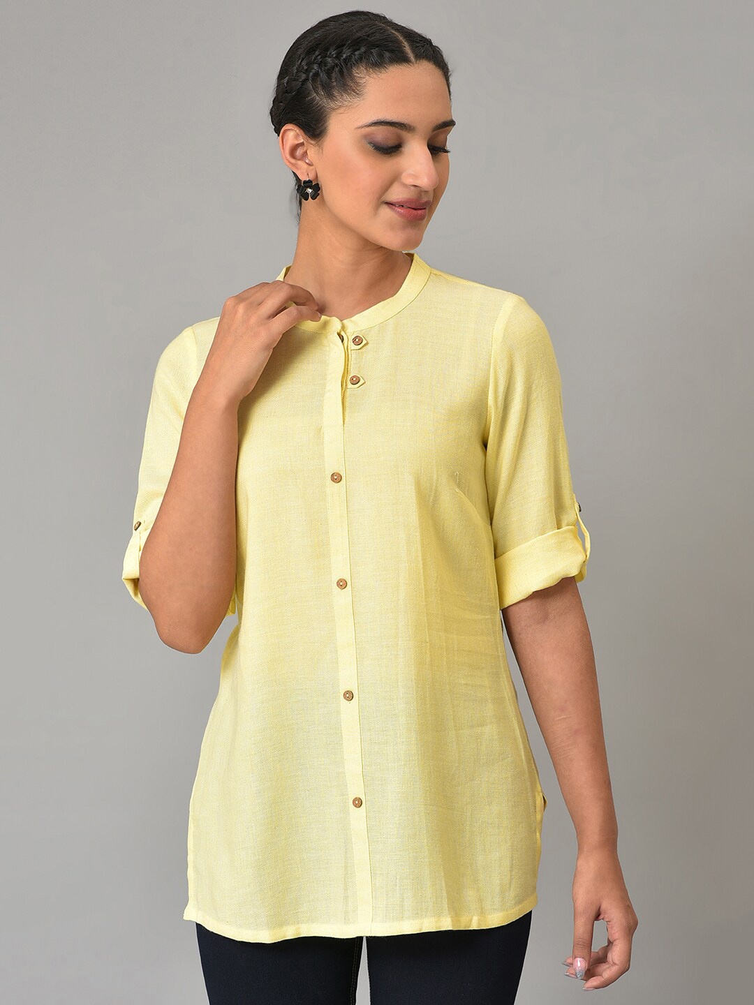 

AURELIA Mandarin Collar Roll Up Sleeves Kurti, Yellow