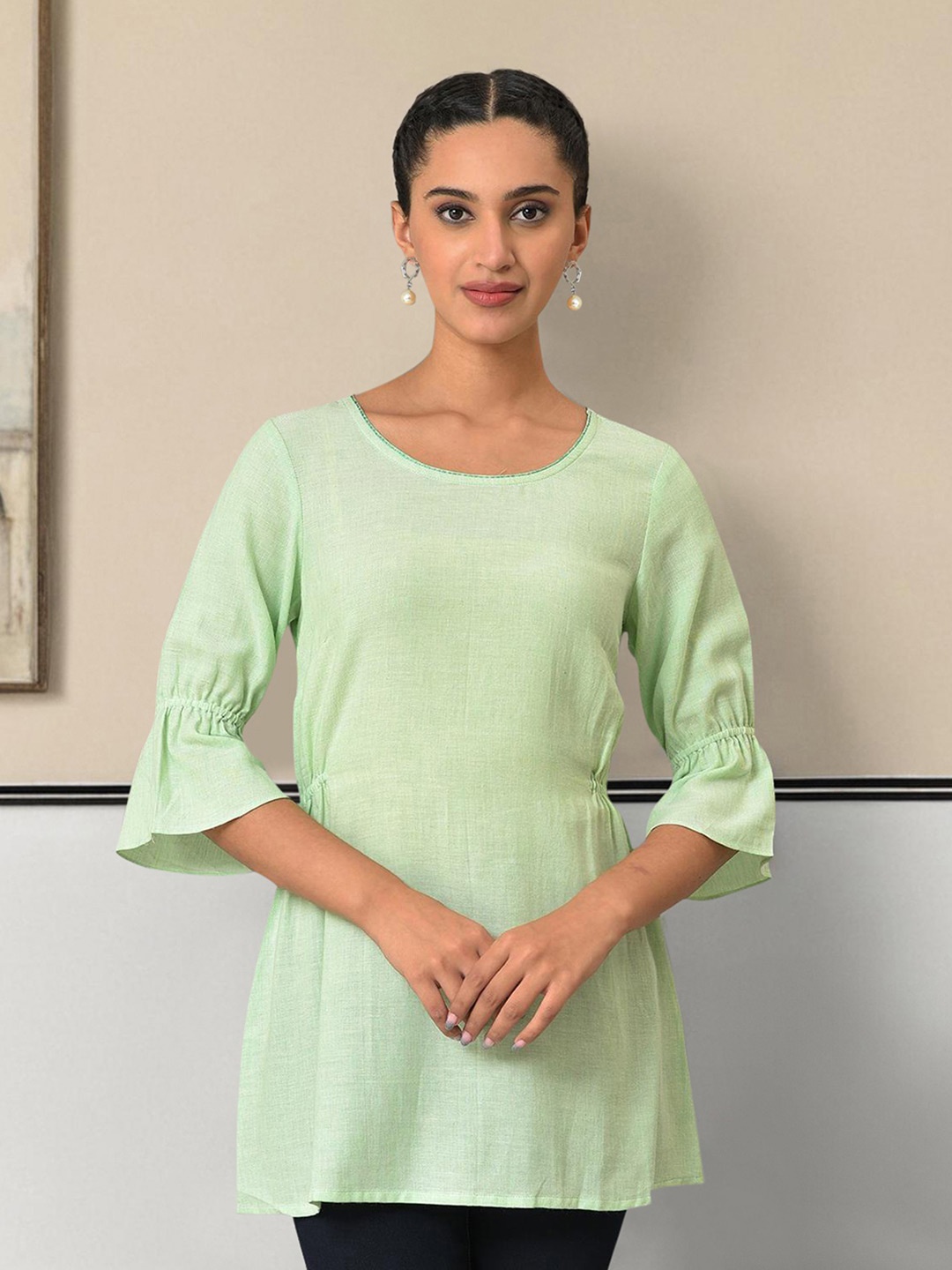 

AURELIA Woven Design Bell Sleeves Kurti, Green