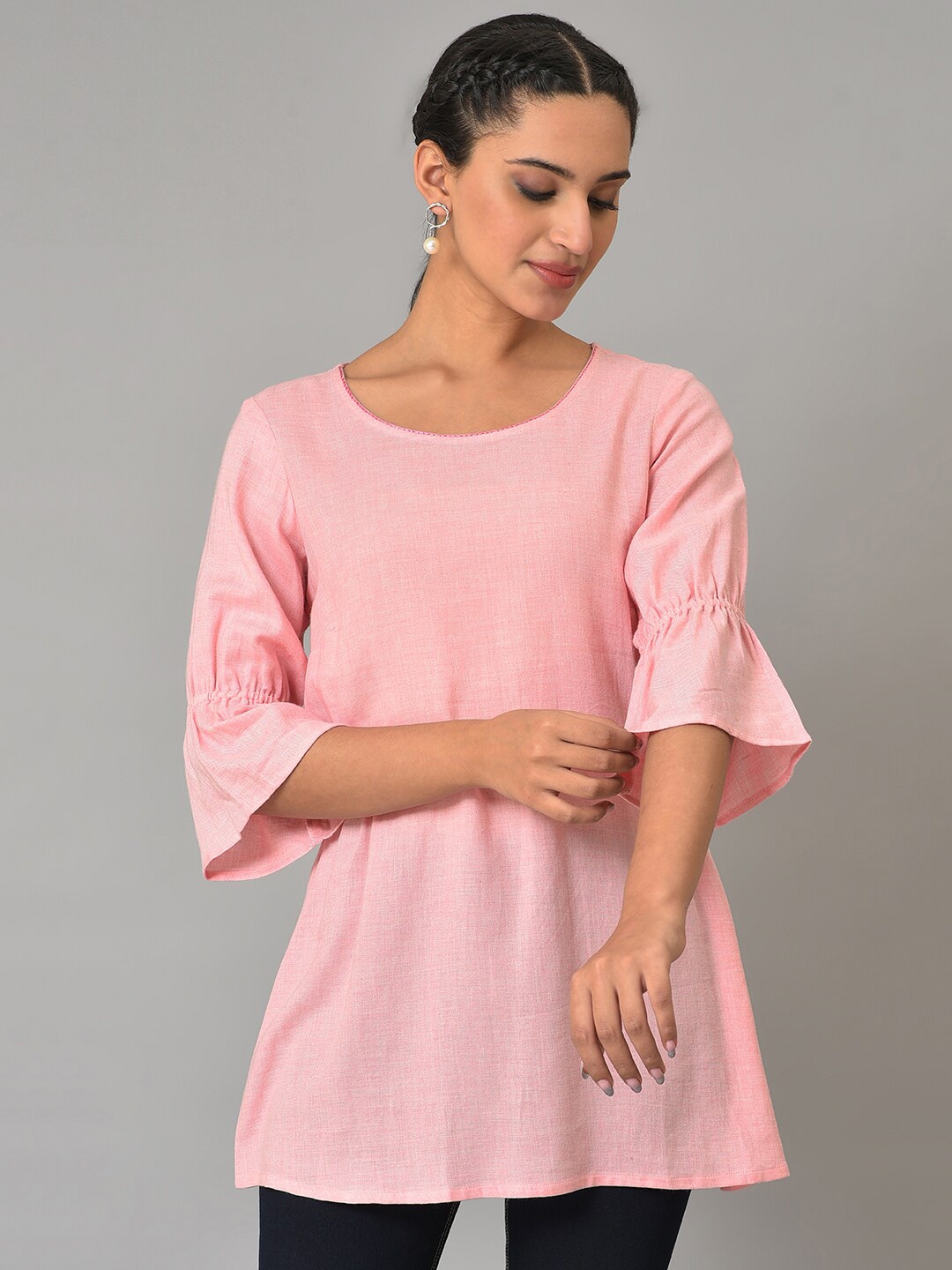 

AURELIA Round Neck Bell Sleeves Kurti, Pink