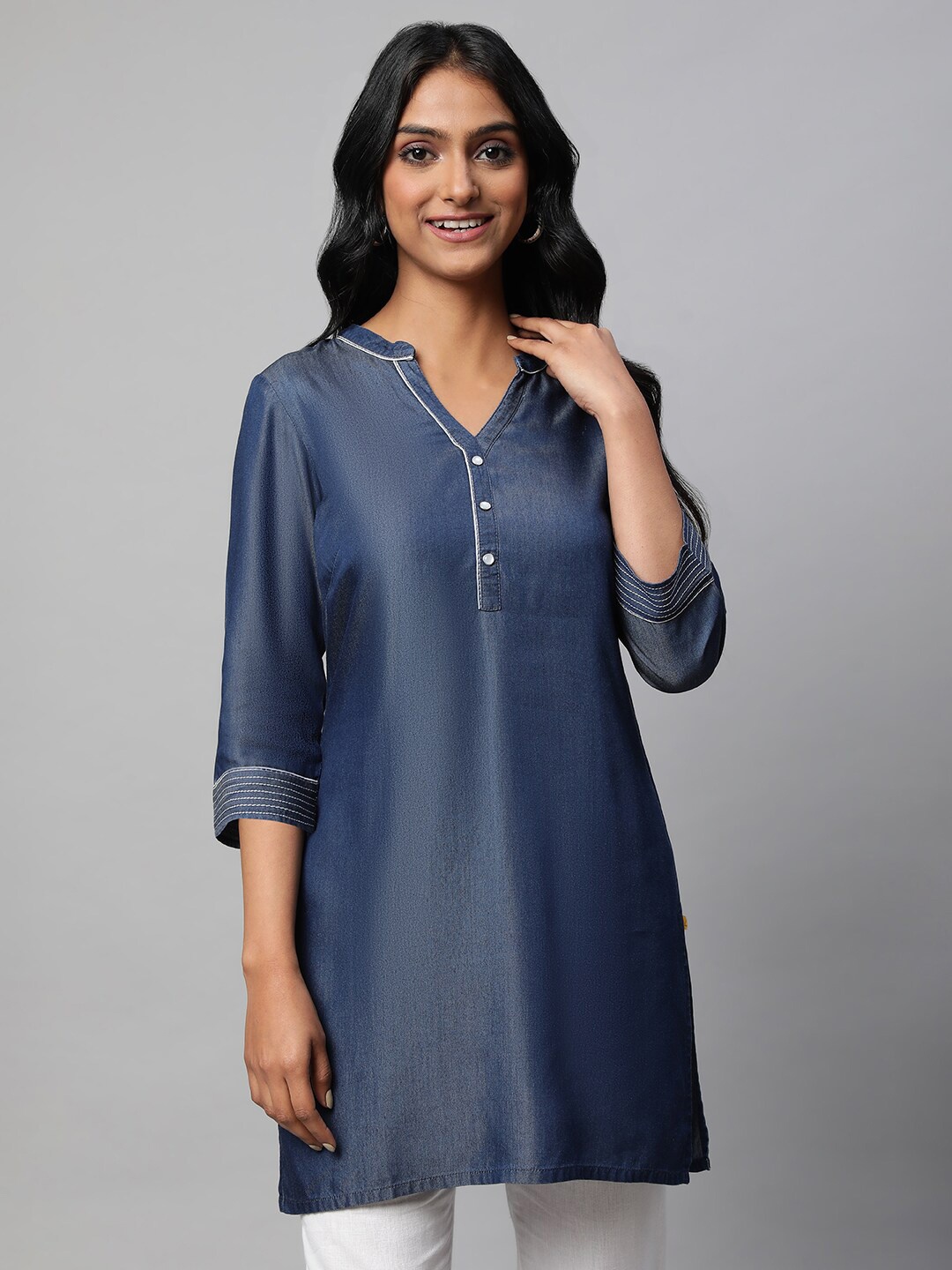 

AURELIA Band Collar Kurti, Blue