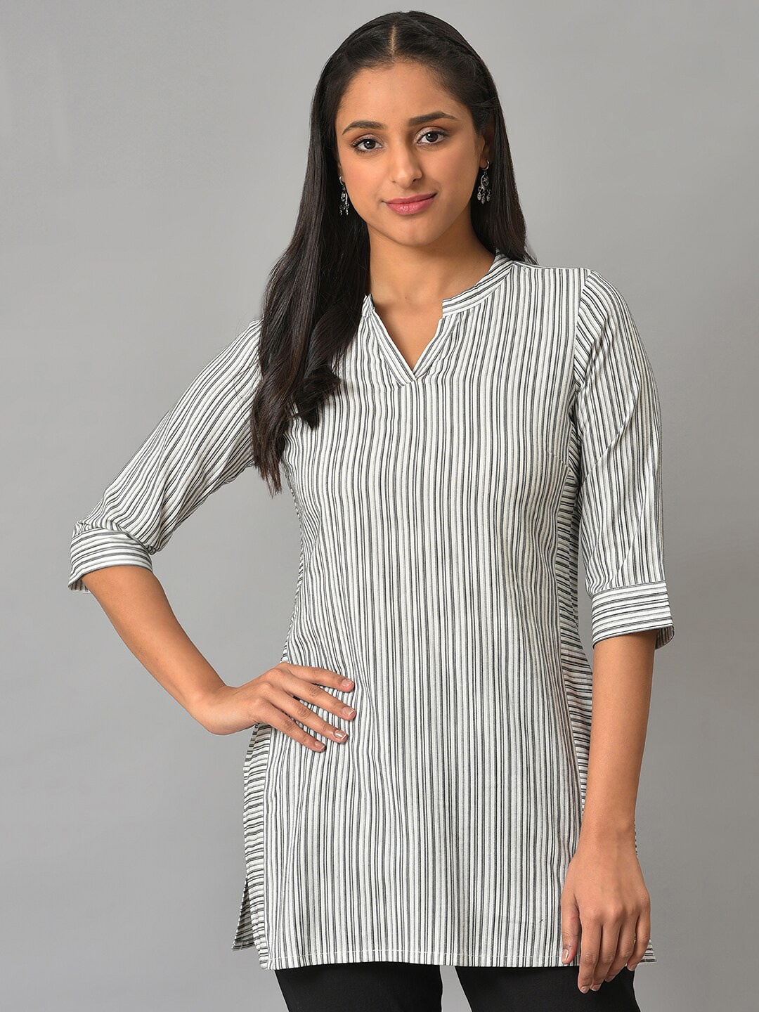 

AURELIA Striped Band Collar Kurti, White