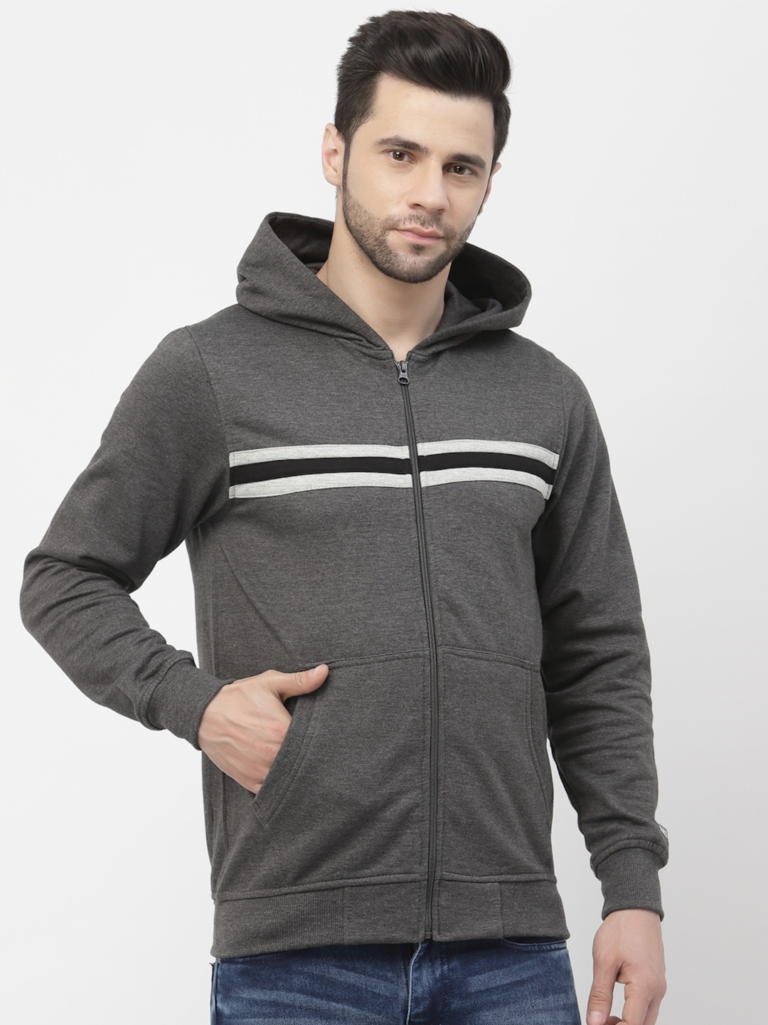 

Kalt Plus Size Striped Hooded Long Sleeves Fleece Sweatshirt, Grey