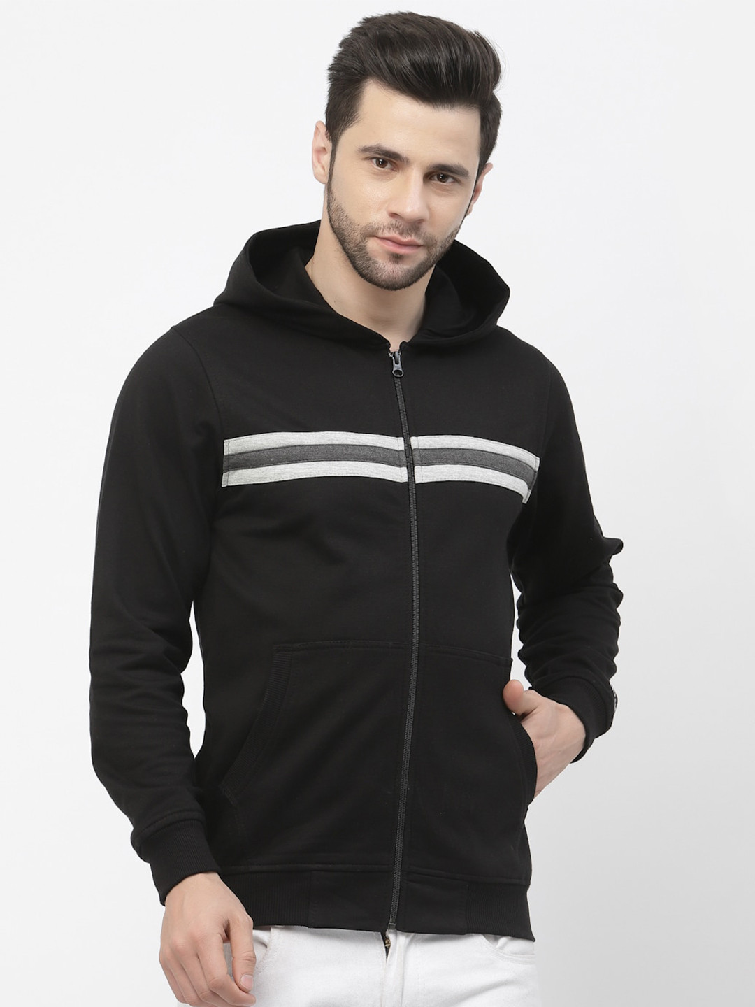 

Kalt Striped Hooded Long Sleeves Fleece Sweatshirt, Black