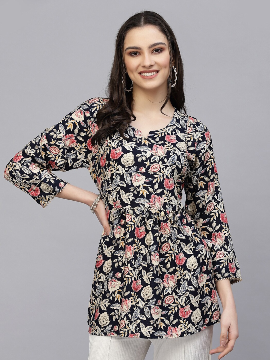 

TANKHI Pure Cotton Floral Printed Tunic, Blue