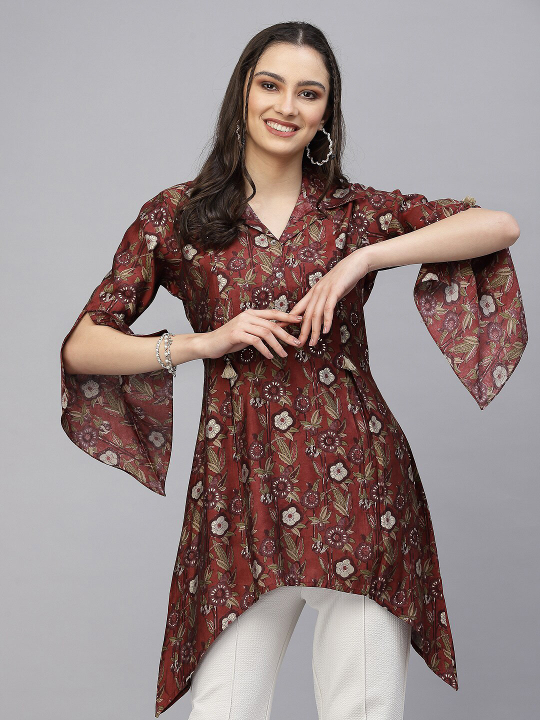

TANKHI Pure Cotton Floral Shirt Collar Printed Tunic, Red