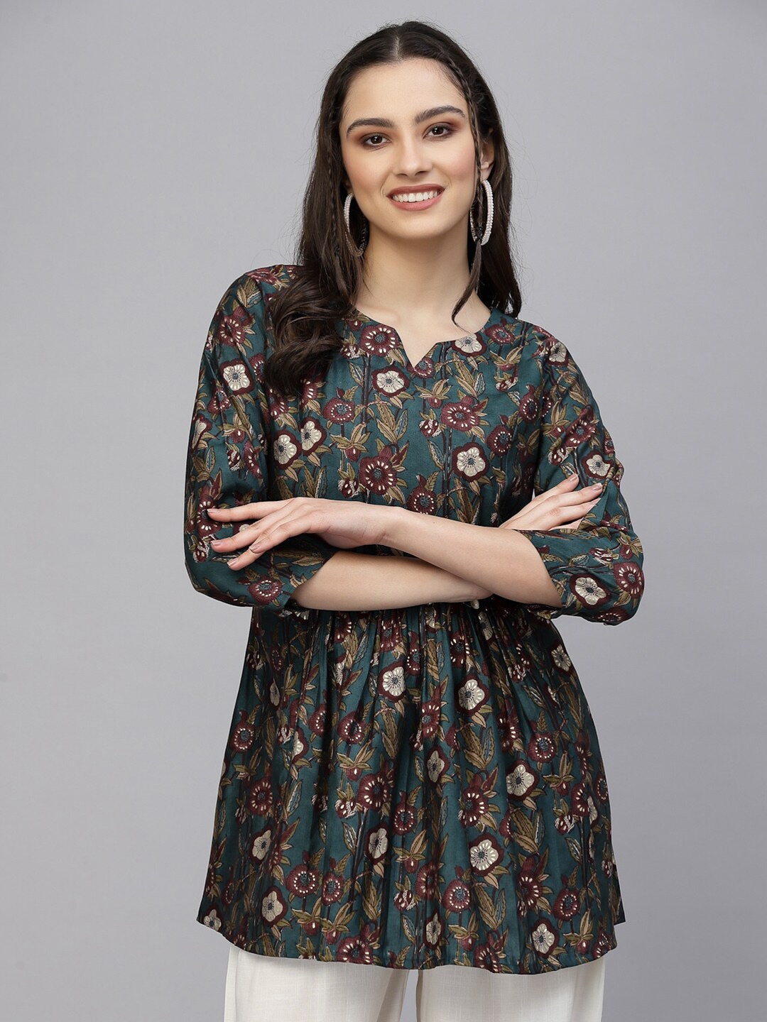 

TANKHI Pure Cotton Floral Printed Tunic, Green
