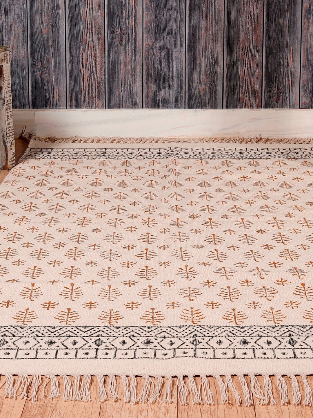 

HANDICRAFT PALACE Beige & Brown Hand Block Printed Cotton Carpet