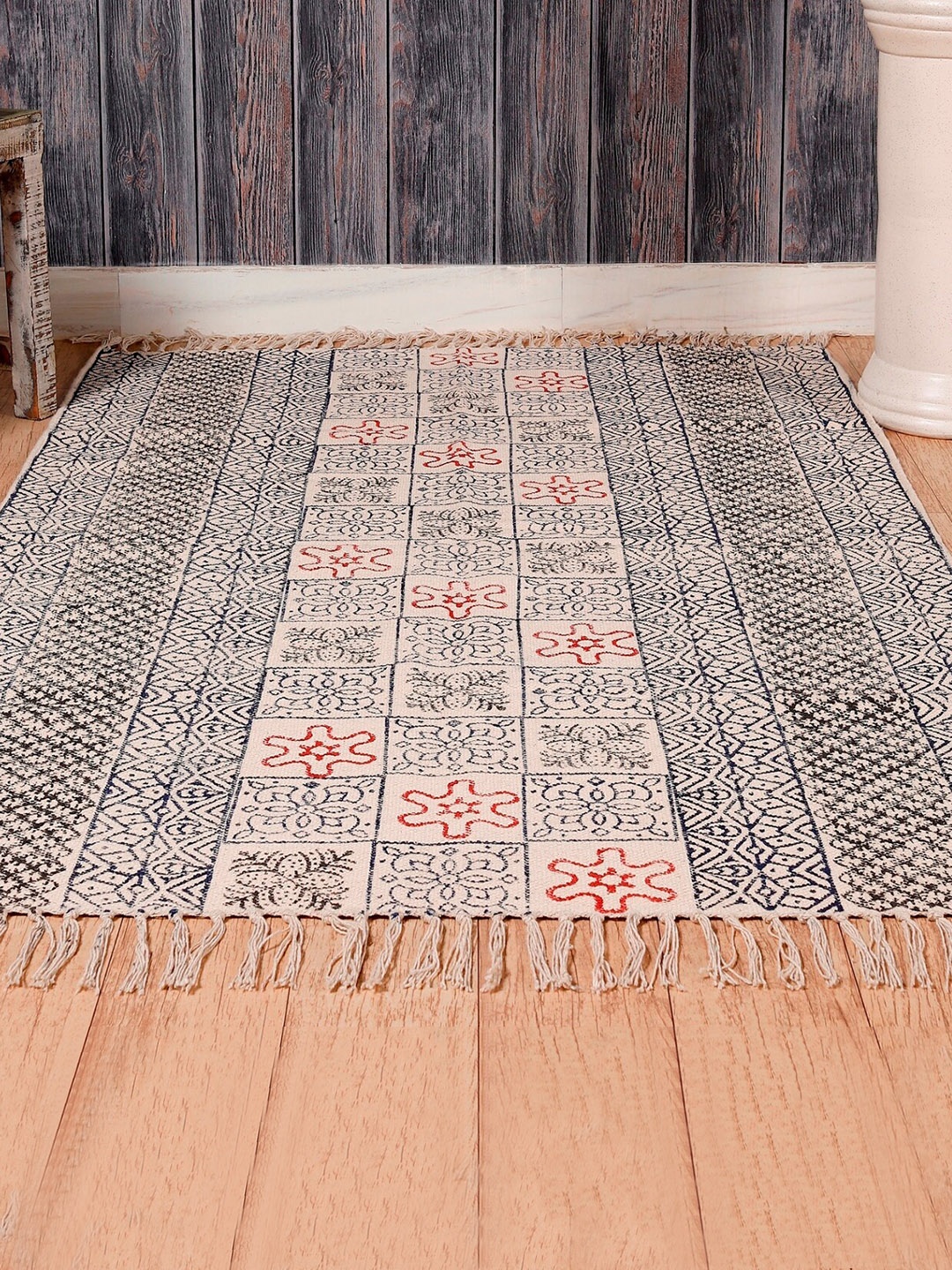 

HANDICRAFT PALACE Beige & Black Hand Block Printed Cotton Carpet