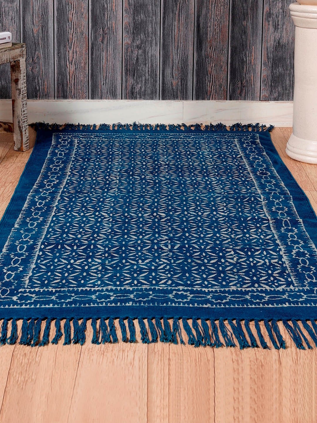 

HANDICRAFT PALACE Blue & White Indigo Hand Block Printed Cotton Carpet