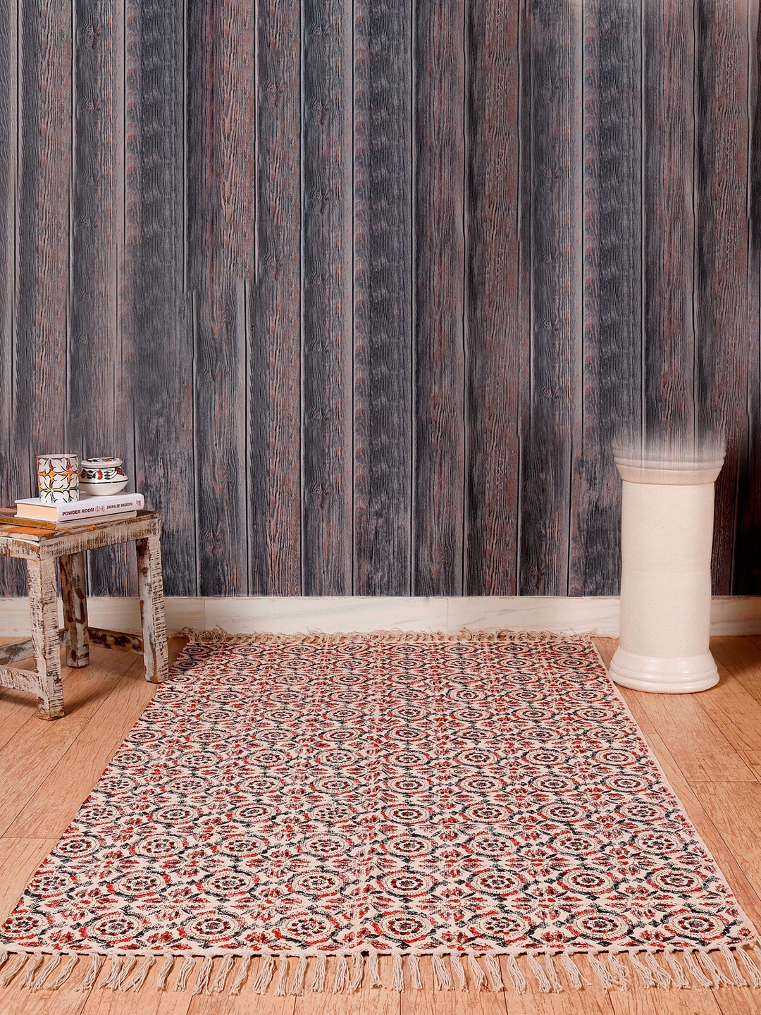 

HANDICRAFT PALACE Beige & Red Geometric Hand Block Printed Cotton Carpet