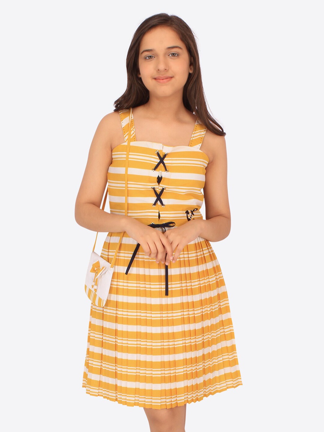 

CUTECUMBER Girls Striped Tie-Up Detail Fit & Flare Dress With Sling Bag, Yellow