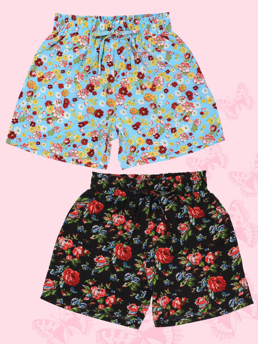 

CUTECUMBER Girls Pack of 2 Floral Printed Shorts, Black