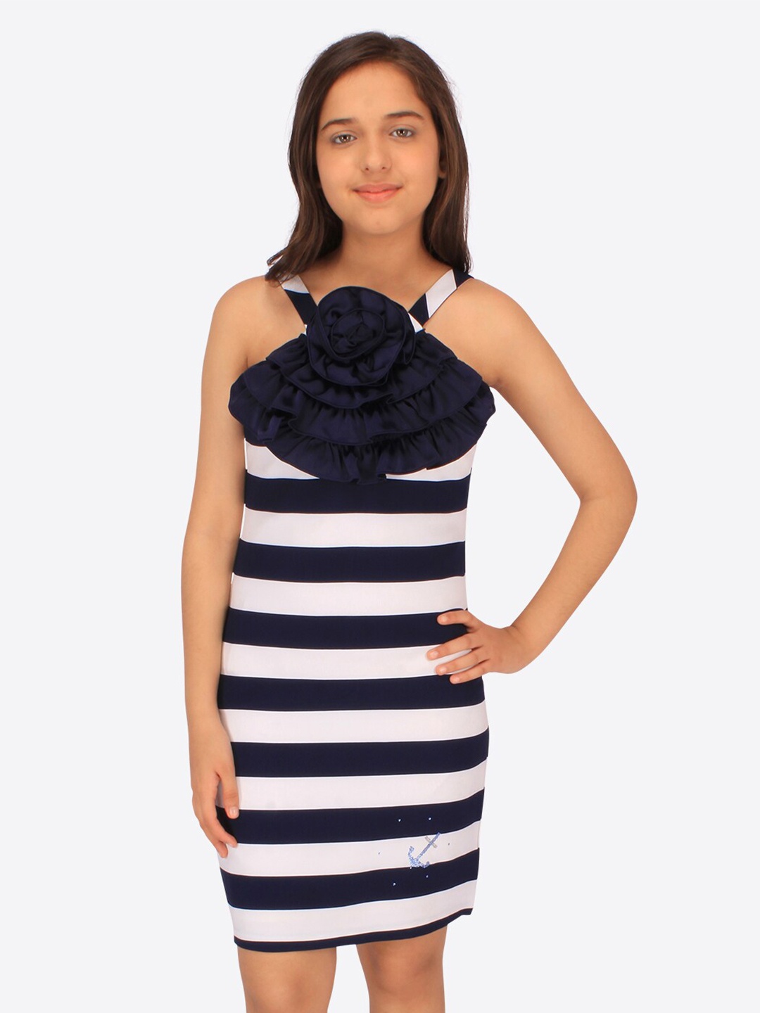 

CUTECUMBER Girls Striped Ruffles Bodycon Dress, Navy blue